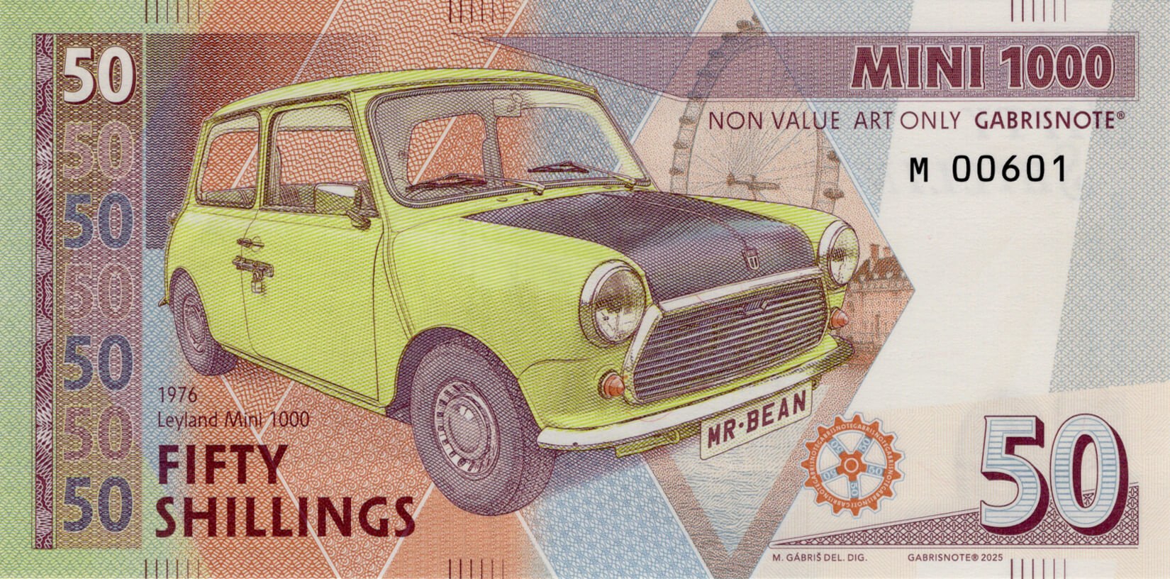 50 shillings Mini Cooper - přední strana