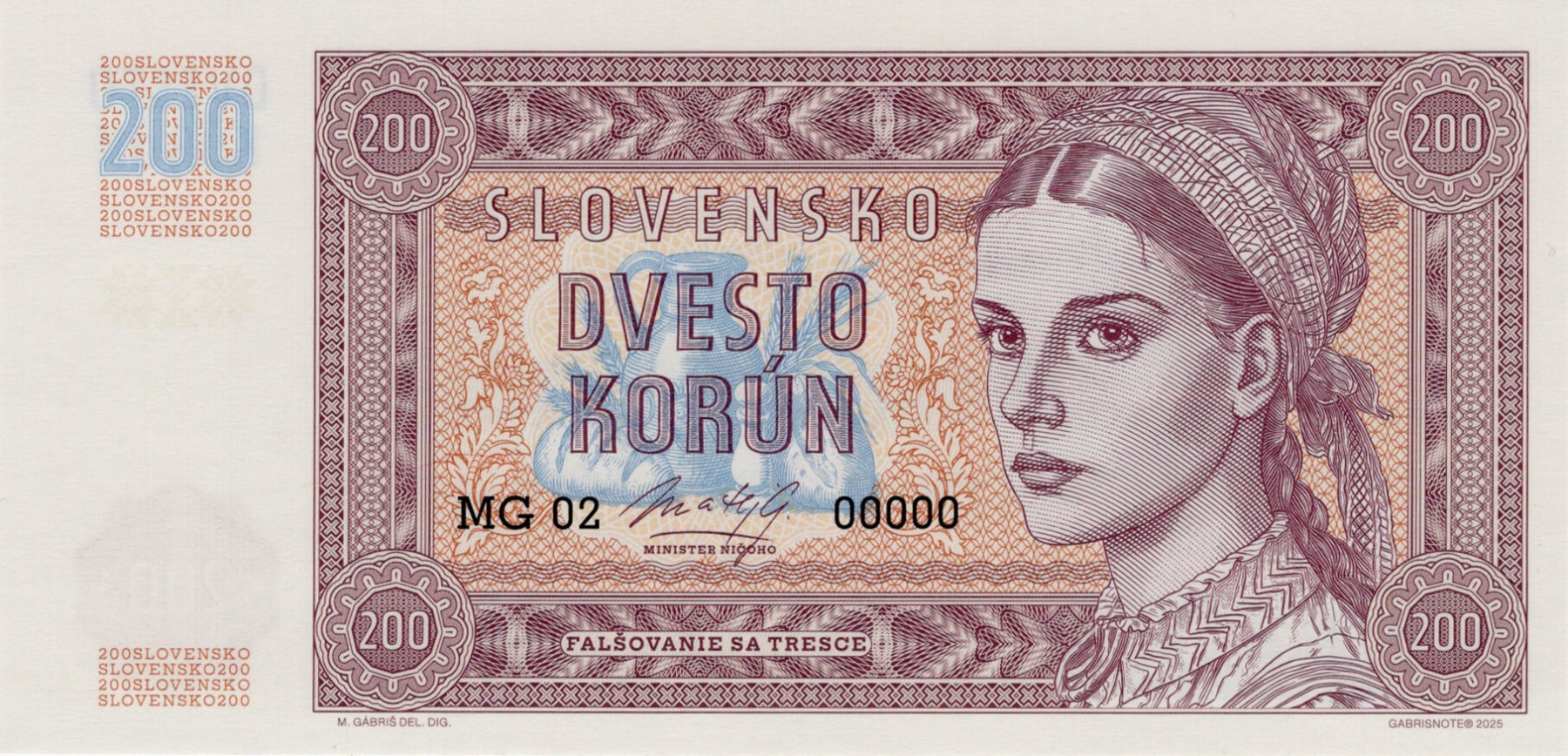 200 korún Slovensko varianta B - přední strana